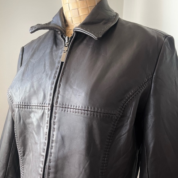Jones New York Brown Genuine Leather Jacket Fitted Zip Front Size S - Picture 3 of 16